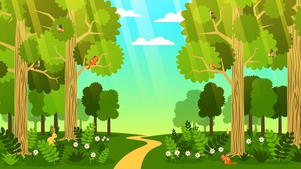 Road through the forest cartoon landscape. Cartoon forest with path among the trees. Vector image.