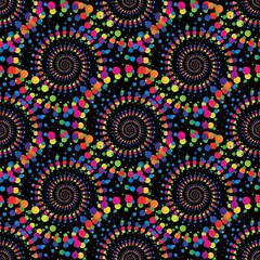 Rainbow abstract mandala halftone seamless pattern on the black background. Vector illustration.