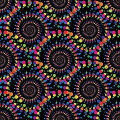 Rainbow abstract mandala halftone seamless pattern on the black background. Vector illustration.