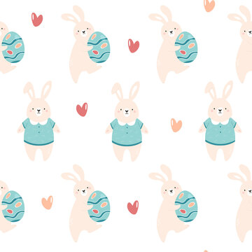 Seamless pattern with cute rabbits and Easter eggs