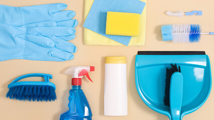 Creative pattern and layout with zero waste domestic cleaning tools. Flat lay minimal concept