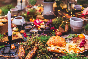 Table setting for a wedding ceremony in an eco style in the forest.