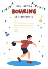 Vector bowling party poster with a boy playing bowling hand drawn cartoon illustration