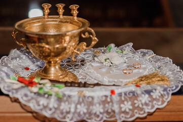 Wedding decoration in the church, candles, blurred background. Traditions