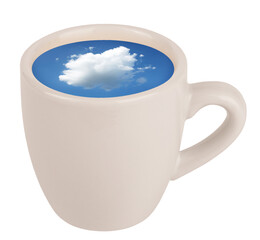 Classic cup of coffee espresso white blank with blue sky with clouds inside isolated on white background. Natural fresh air concept idea.