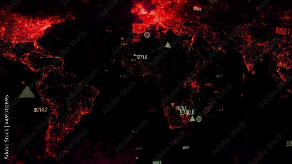 Poster red map of planet with numbers. motion. dangerous numerical values on red map of continents. changin