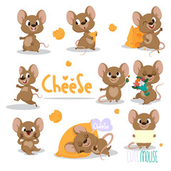 Fototapeta premium Cute vector mouse character set in cartoon style. Postcard. Children's poster. Children's print.