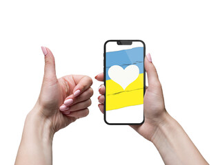 female hands hold a phone on a white background with a blue-yellow screen. iPhone in hand. Ukrainian flag on the phone. Stand with Ukraine.