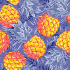 Pineapples with palm trees. Seamless pattern with ripe fresh tropical fruits and branches and leaves of tropical tree plant for print, web design, textile. Vector image. 