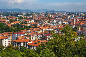 Aerial view of the old town Bergamo in northern Italy. Bergamo is a city in the alpine Lombardy region.