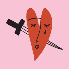 Funky ugly Valentines heart, bloody knife. Boho doodle modern print funny handdrawn childish art. Vector EPS and JPG.