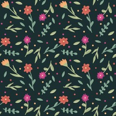 Seamless floral pattern. Botanical elements, flowers, branches, leaves on dark green background. For cover, fabric, background, print 