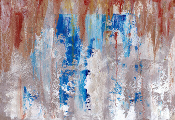 Abstract background. Strokes of blue and bronze acrylic paint. Plaster. Handmade work.