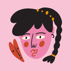 Funky ugly Valentines girl and heart, groovy cute comic character. Boho doodle modern print funny handdrawn childish art. Vector EPS and JPG.