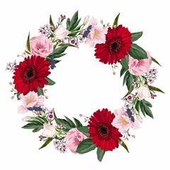 Wreath frame, border - hand painted watercolor style flowers composition with roses, gerbera, tulip,  berries and herbs. 