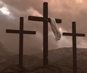 Silhouette of Christ crosses over the cloudy sky. Resurrection concept.