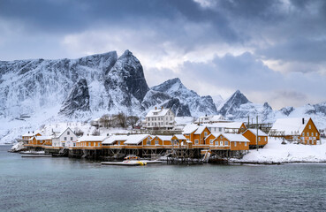 Beautiful winter Norway landscape - lofoten islands - Sakrisoy village - obrazy, fototapety, plakaty