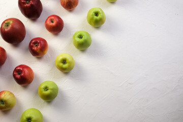 Green and red apples close up. Juicy fruits. Useful snack. Vegetarian food. Delicious, healthy snack. Vitamins, microelements. Fat burning. copy space