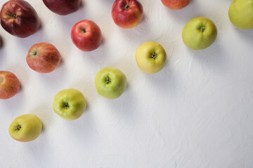 Green and red apples close up. Juicy fruits. Useful snack. Vegetarian food. Delicious, healthy snack. Vitamins, microelements. Fat burning. copy space