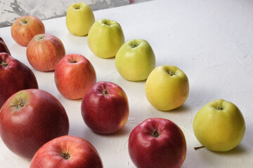 Green and red apples close up. Juicy fruits. Useful snack. Vegetarian food. Delicious, healthy snack. Vitamins, microelements. Fat burning. copy space