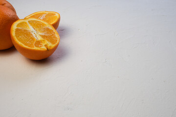orange cut isolated on white background. Juicy fruit, healthy food. Place for text or description....