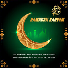 Ramadan Kareem Post design with traditional Islamic background along with crescent moon square frame and green gradient 