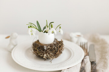 Stylish Easter table setting. Natural egg with snowdrops in nest on modern plate, napkin, cutlery, bunny on white wood. Modern Easter table rustic decoration