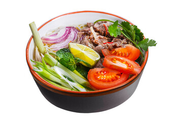 pho bo noodle soup with beef, fresh greens, on a plate, Vietnamese cuisine, homemade food, on a...