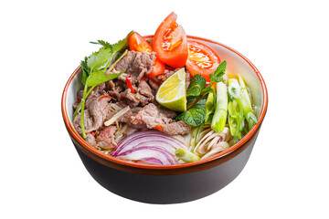 pho bo noodle soup with beef, fresh greens, on a plate, Vietnamese cuisine, homemade food, on a...