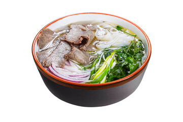 pho bo soup with noodles and beef meat, fresh greens, on a plate, Vietnamese cuisine, homemade...