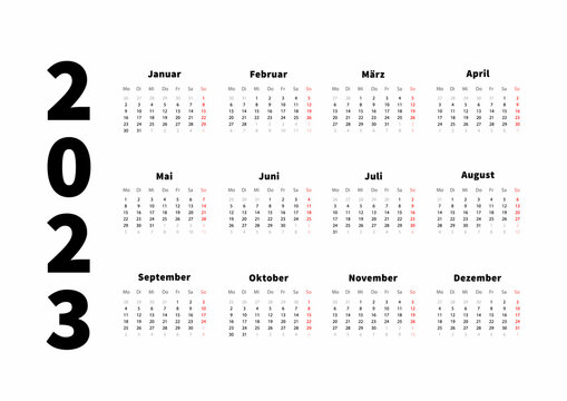 2023 year simple horizontal calendar in german language, typographic calendar on white