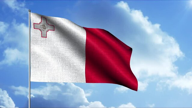 3D flag on flagpole on background of clouds. Motion. Beautiful patriotic flag waving in wind. Flag of Malta