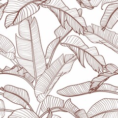 Seamless floral pattern with Tropical bananas leaves. Tropical leaves in retro style. Hand drawn pattern. Line art.  - 491707606
