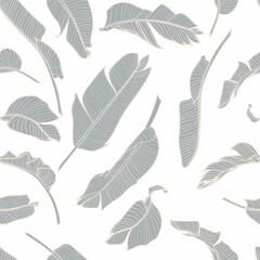 Seamless floral pattern with Tropical bananas leaves. Tropical leaves in retro style. Hand drawn pattern. Line art. 