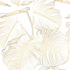 Golden floral seamless pattern with Tropical Monstera plant. Tropical leaves in retro style. Hand drawn leaves pattern. Line art. 