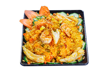 chicken pilaf with seafood and fried chicken meat, on a plate, Vietnamese cuisine, homemade food, on a white isolated background, top
