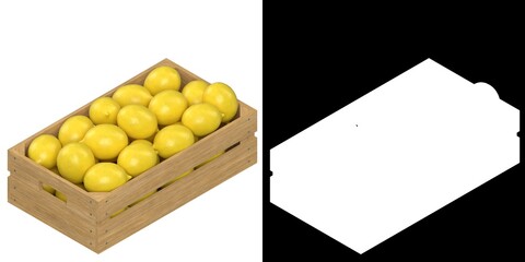 3D rendering illustration of some lemons in a wooden crate
