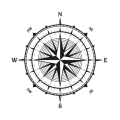 Vintage marine wind rose, nautical chart. Monochrome navigational compass with cardinal directions of North, East, South, West. Geographical position, cartography and navigation. Vector illustration.