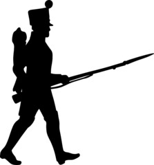 A soldier of Napoleon's army. A grenadier with a gun marches to the attack.