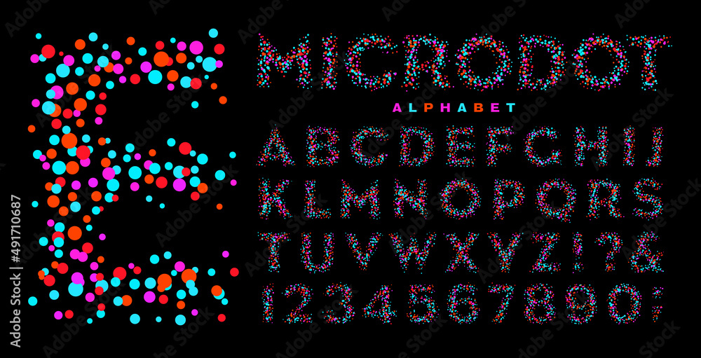 Poster microdot is an alphabet built of multicolored neon hued dots.