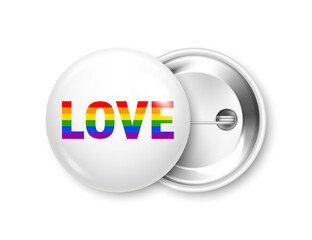 Realistic white badge with LGBTQ rainbow flag. Lesbian, gay, bisexual, transgender love symbol, pride month. 3D glossy round button. Pin badge mockup. Vector illustration