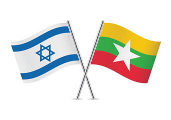 Israel and Myanmar (Burma) crossed flags. Israeli and Burmese flags, isolated on white background. Vector icon set. Vector illustration.