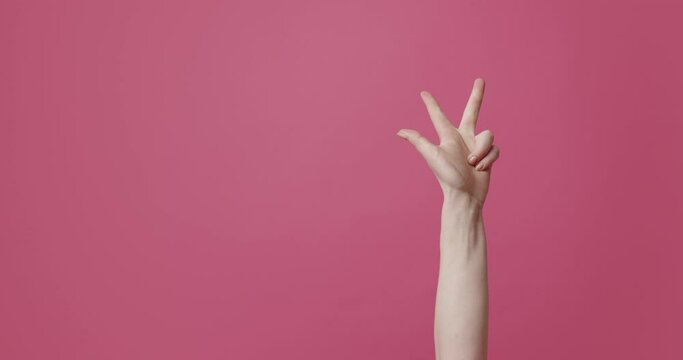 Hand bends fingers on white background 1,2,3,4,5, and sigh Okey, say hello. Closeup shot of human hand on isolated pink background.
