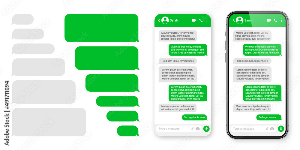 Wall mural realistic smartphone with messaging app. blank sms text frame. conversation chat screen with green m