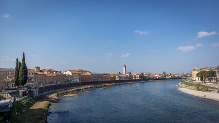 Obraz premium Images of the city of Verona in Italy. Classic buildings, bridges over the Adige river and churches of the city.