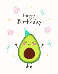 greeting card with cartoon avocado, vector illustration