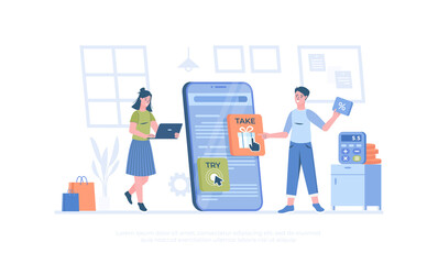 Rich Media Ads. Digital advertising. Interactive animation on the phone screen, Active pop-up banner. Cartoon modern flat vector illustration for banner, website design, landing page.
