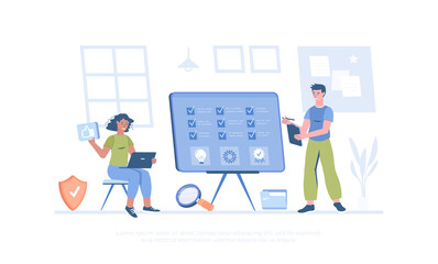 Quality Assurance QA Quality control, Best standard, product satisfaction. Software testing. Cartoon modern flat vector illustration for banner, website design, landing page.