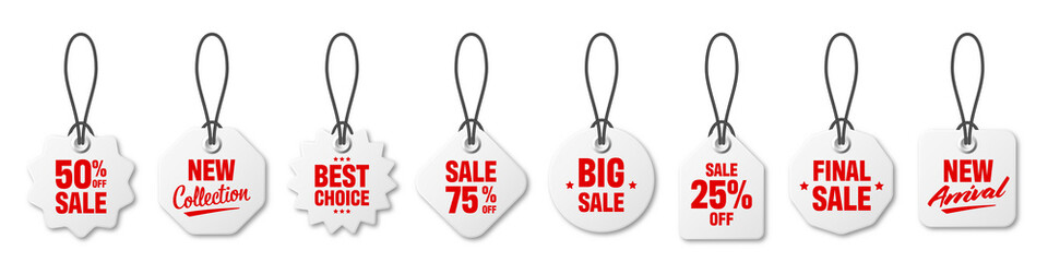 Realistic price tags collection. Special offer or shopping discount label. Retail paper sticker. Promotional sale badge. Vector illustration.