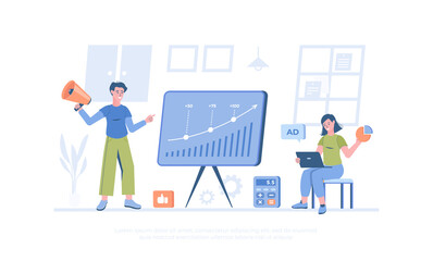 Performance marketing. Advertising campaign, Promotion strategy. Business analysis for attracting customers and sales. Cartoon modern flat vector illustration for banner, website design, landing page.